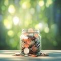 Money stash Glass jar filled with coins, blurred background, saving