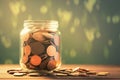 Money stash Glass jar filled with coins, blurred background, saving