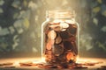 Money stash Glass jar filled with coins, blurred background, saving