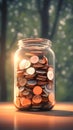 Money stash Glass jar filled with coins, blurred background, saving