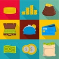 Money stockpile icons set, flat style