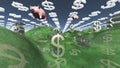 Money success fantasy landscape with floatin pigs