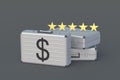 Money suitcase and five rating stars. Good investment attractiveness concept. Bank review Royalty Free Stock Photo