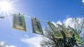 Money suspended to dry on a clothespin - banknotes after washing in a washing machine - illegal cashing of 1,2,10,100 Royalty Free Stock Photo