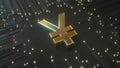 Golden yen symbol on premium black technologic background. Conceptual 3D rendering