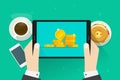 Money on tablet vector illustration, flat cartoon cash or golden coins on screen, idea of big financial profit, rich