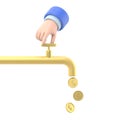 Money tap. 3d illustration flat design. Open a water tap,gold coins fall. Finance faucet. Achievement success Royalty Free Stock Photo