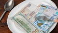 Money tenge, Russian rubles and dollars are on the plate. Sawing the budget, the living wage, or the dual currency basket. The