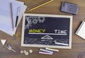 Money and Time Balance. Chalkboard on wooden office desk