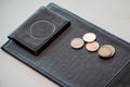 Money tip, coin on payment black leather tray Royalty Free Stock Photo