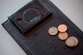 Money tip, coin on payment black leather tray Royalty Free Stock Photo