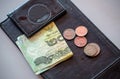 Money tip, notebank and coin on payment black leather tray Royalty Free Stock Photo