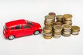 Money and toy car on white - insurance, loan and buying car Royalty Free Stock Photo