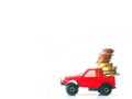 Money tranfer concept - red pick up toy transporting euro coins