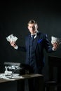 Money transaction. Businessman work in accountant office. Economy and finance. Man bookkeeper. Man in suit. Mafia Royalty Free Stock Photo