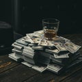 Money transaction. Casino. accountant office. Economy and finance. bookkeeper. Heap of money and alcoholic drink. Mafia Royalty Free Stock Photo