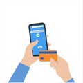 Money transaction online concept. Mobile payments using a smartphone. Hands hold a mobile phone and Bank card. Vector