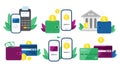 Money transactions. Cash transfers, mobile payments using smartphone and credit card transfer vector illustration set