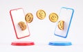 Money transfer between mobile phones, wireless sending and receiving dollar coins. Smartphone online banking payment app,