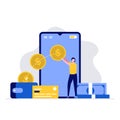 Money transfer and payment vector illustration concept with people character sending and receiving money by smartphone. Modern