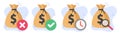 Money transfer transaction review status icon vector graphic, suspicious fraud cash bank payment check mark illustration set,