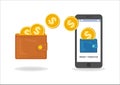 Money transfer between wallet and smartphone, flat styling. Vector illustration of online payment, money transaction.