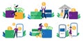 Money transfers. People sent money from wallet to bank card, mobile payments and financial transactions vector illustration set