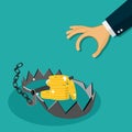 Money Trap.People Hand Going To Take Dollar Coins On Bear Trap. vector illustration Royalty Free Stock Photo