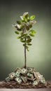 Money tree with banknotes as leaves growing on a pile of money showcasing the concept of financial growth and passive income Royalty Free Stock Photo