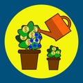 Money tree care isolated on blue. Watering money tree. Flat design Illustration