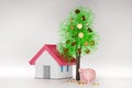 Money tree with coin and leaf, coin falling around model house and piggy bank, bank saving money for buy house concept, 3d render Royalty Free Stock Photo