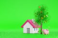 Money tree with coin and leaf, coin falling around model house and piggy bank, bank saving money for buy house concept, 3d render Royalty Free Stock Photo