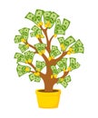 Money tree with coins banknotes flat potted plant