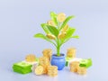 Money tree 3d render concept with potted plant