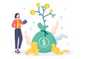 Money Tree of Financial Business Investment Profit Flat Design Vector Illustration with Dollar Banknotes and Golden Coins for Royalty Free Stock Photo