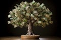 Money tree growing out of a pile of dollars on a dark background, Generative AI