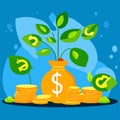 Money tree growing from pile of golden coins. Vector flat illustration. generative AI Royalty Free Stock Photo