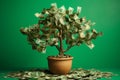 Money tree growing from a pot of dollars on a green background. Generative AI Royalty Free Stock Photo