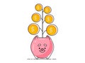 Money tree icon with dollars-coins growing out of a vase in the form of a piggy bank.Vector flat illustration isolated Royalty Free Stock Photo