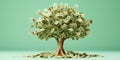 Money tree on light green background. Leaves as dollar bills. Investment concept. Generative AI Royalty Free Stock Photo