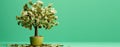 Money tree on light green background. Leaves as dollar bills. Investment concept. Generative AI Royalty Free Stock Photo