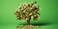 Money tree on light green background. Leaves as dollar bills. Investment concept. Generative AI Royalty Free Stock Photo