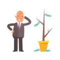 Money Tree. Old businessman puzzled and upset. Vector characters