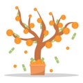 Money tree in pot with cash on branches. Plant with falling coins and banknotes. Concept of abundance, prosperity and richness.