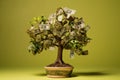 Money tree in pot with dollar banknotes. Money tree on green background. Generative AI Royalty Free Stock Photo