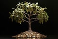 a money tree with roots made of coins in the soil