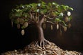 a money tree with roots made of coins in the soil