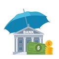 Money under umbrella. Concept of money protection, financial savings insurance. Blue umbrella, big pile of cash, bank building. Royalty Free Stock Photo