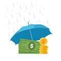 Money under umbrella. Concept of money protection, financial savings insurance. Blue umbrella, big pile of cash. Vector Royalty Free Stock Photo