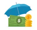 Money under umbrella. Concept of money protection, financial savings insurance. Blue umbrella, big pile of cash. Vector Royalty Free Stock Photo